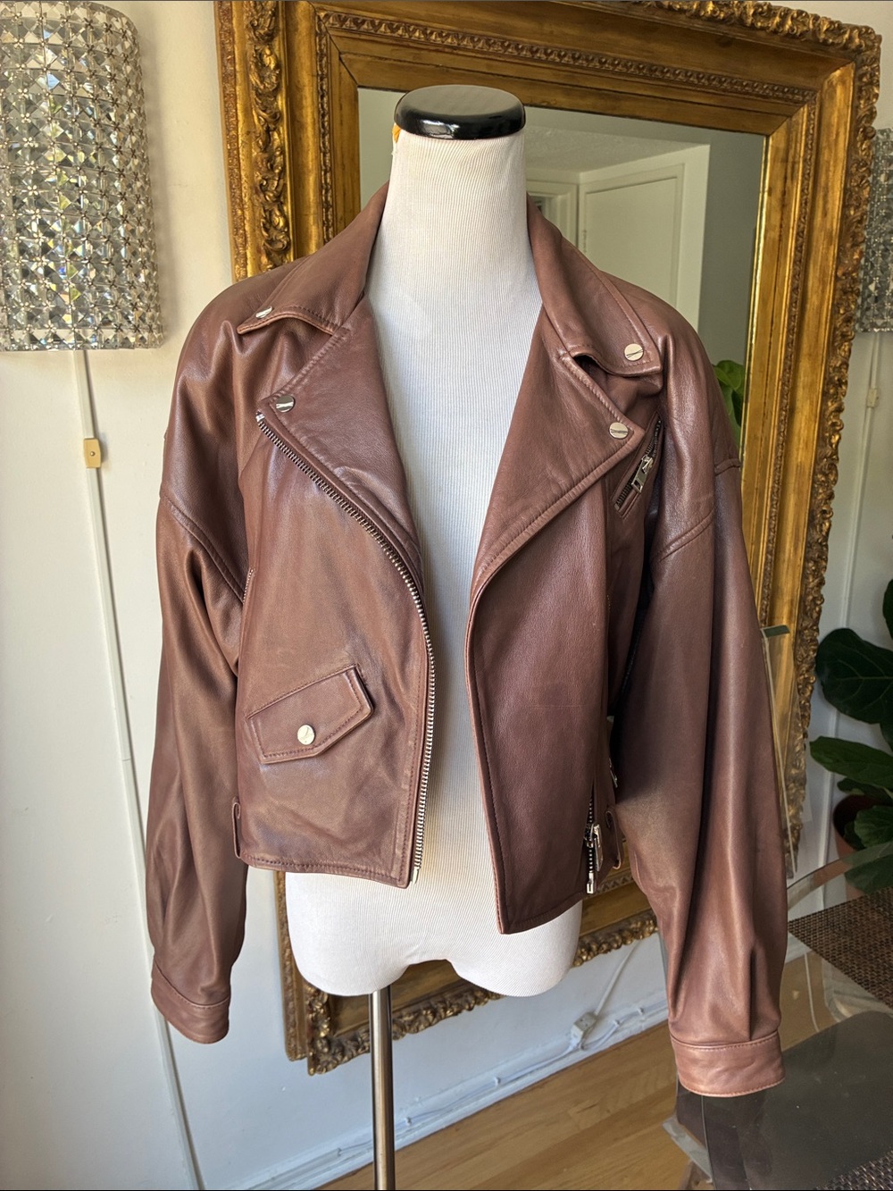 Lamarque Brown Leather cropped Moto Jacket size small